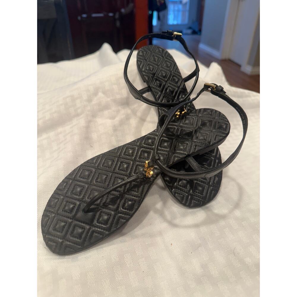 Tory Burch black sandals with gold accents. - Picture 2 of 4